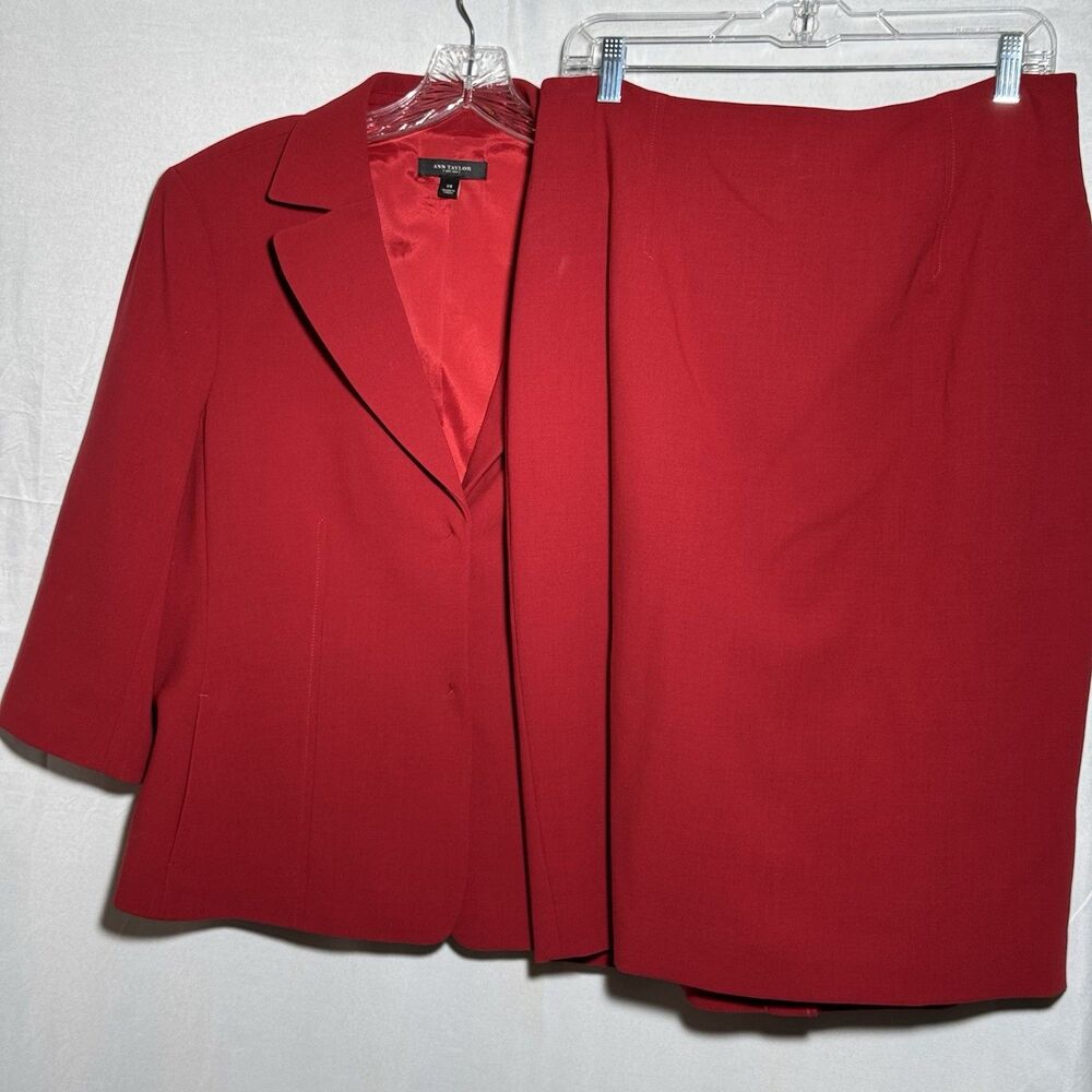 Ann Taylor Womens 14 Red Blazer Pencil Skirt 2 Pc Suit Set Career Holiday
